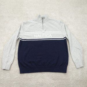 Nautica Sweater Mens Large Gray Blue Cotton Long Sleeve 1/4 Zip Mock Neck